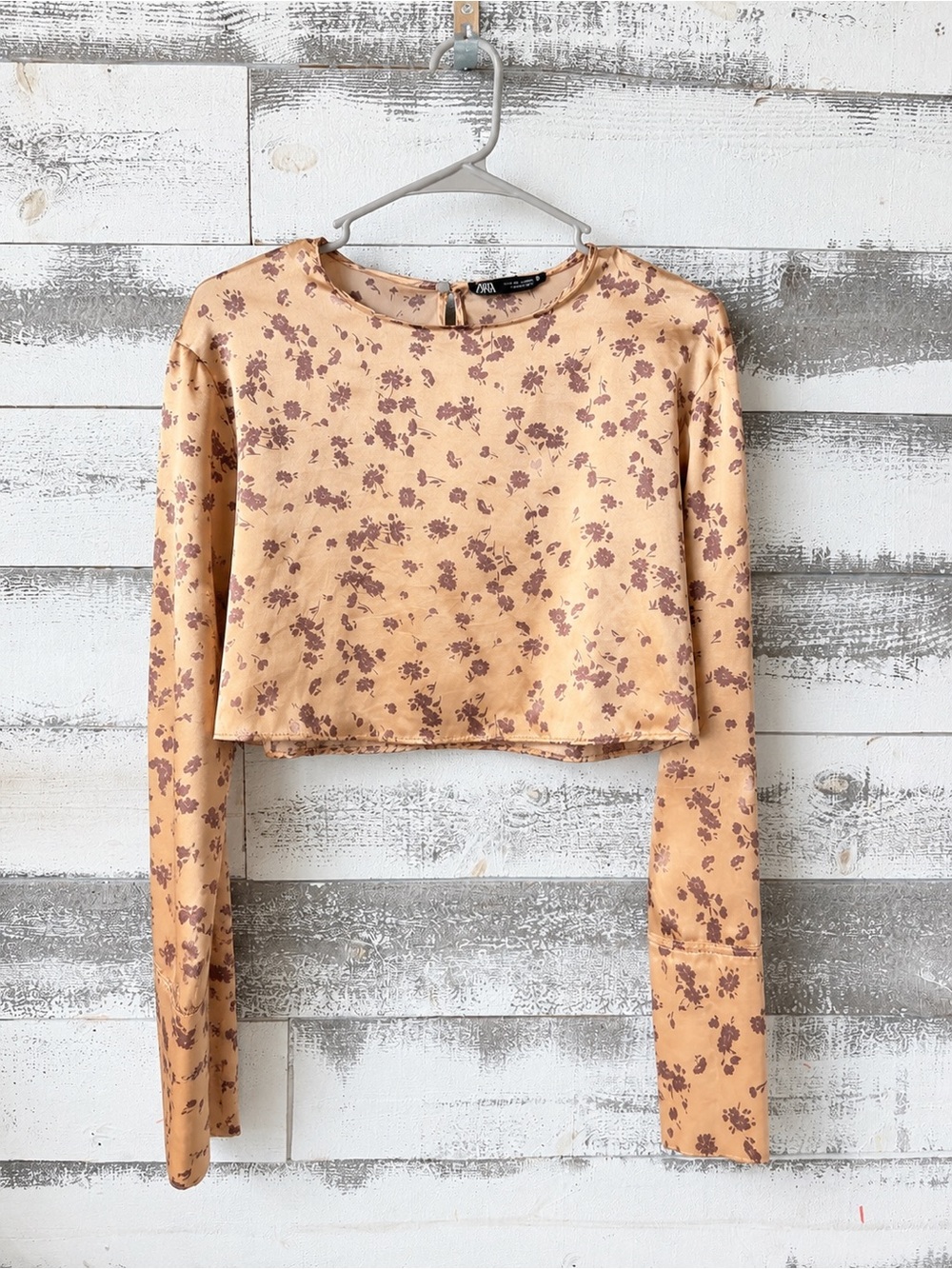 Zara Satin Floral Crop Long-Sleeve Top - Tan/Purple